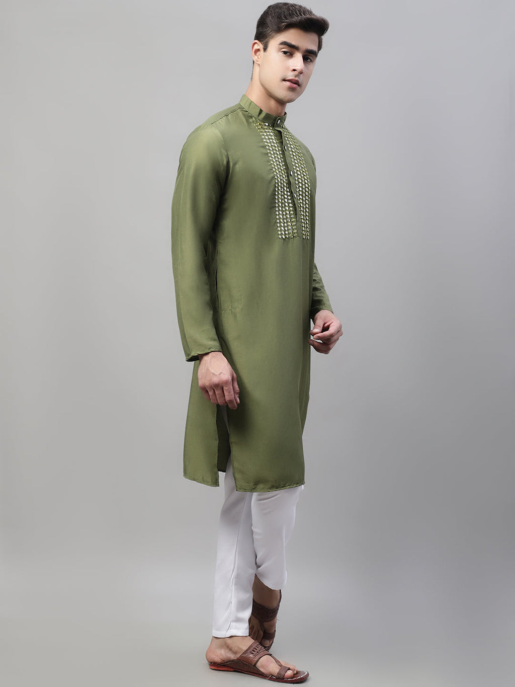 Jompers Men's Olive Green Cotton Silk Mirror Work Kurta Pyjama