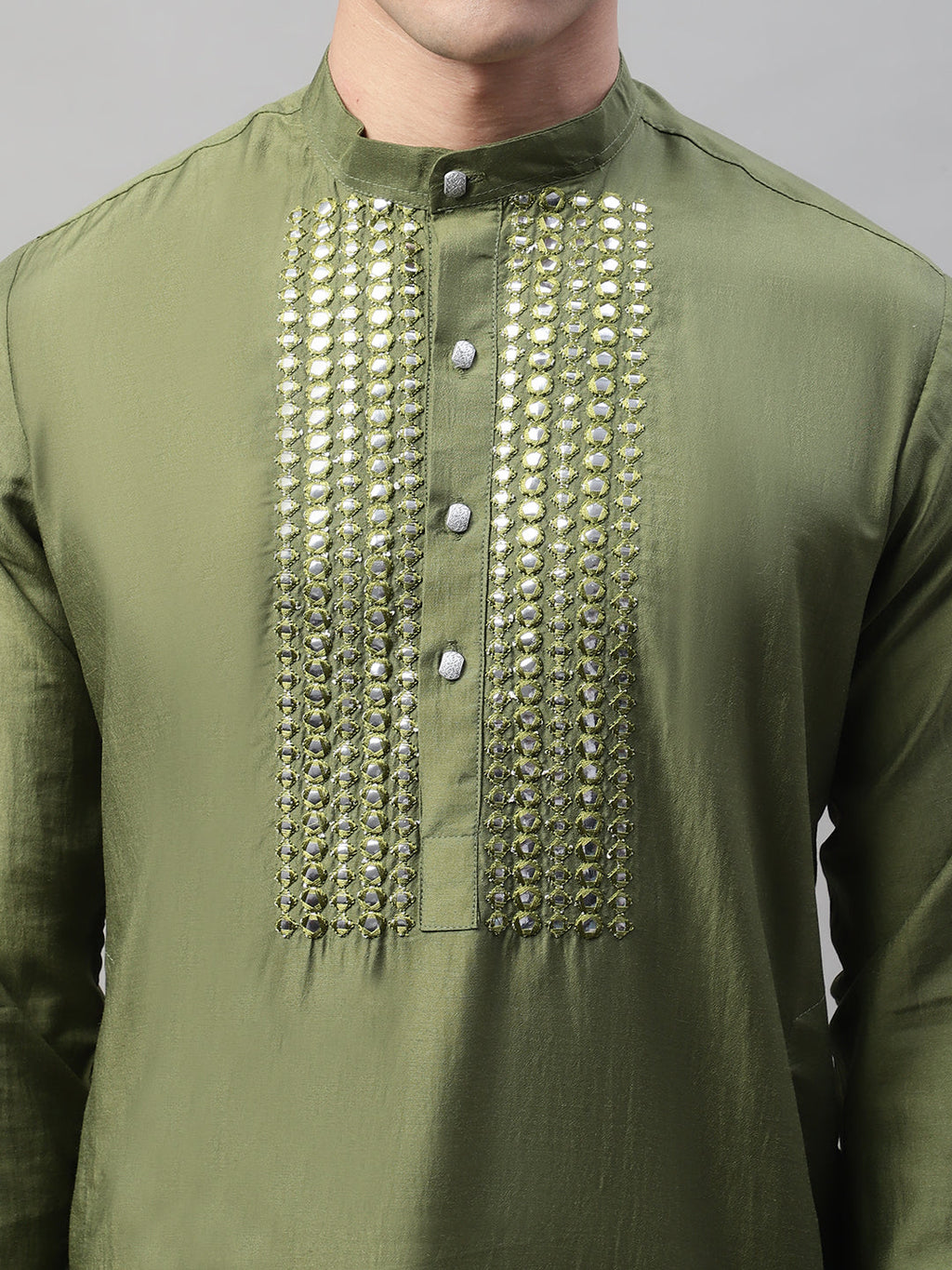Jompers Men's Olive Green Cotton Silk Mirror Work Kurta Pyjama