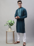 Jompers Men's Teal Blue Cotton Silk Mirror Work Kurta Pyjama