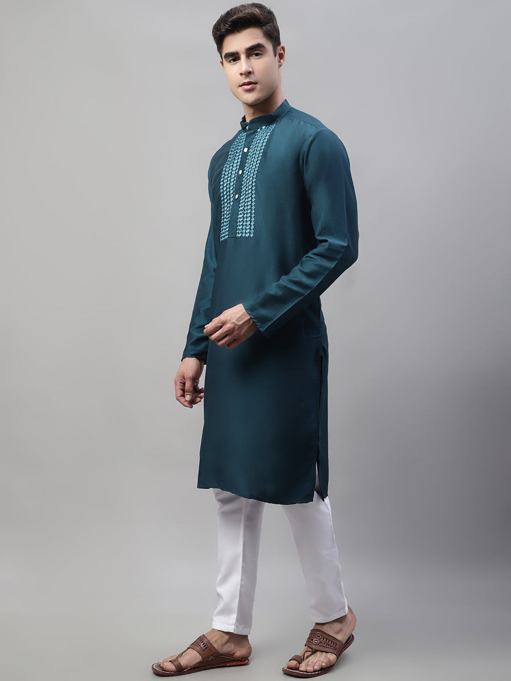 Jompers Men's Teal Blue Cotton Silk Mirror Work Kurta Pyjama