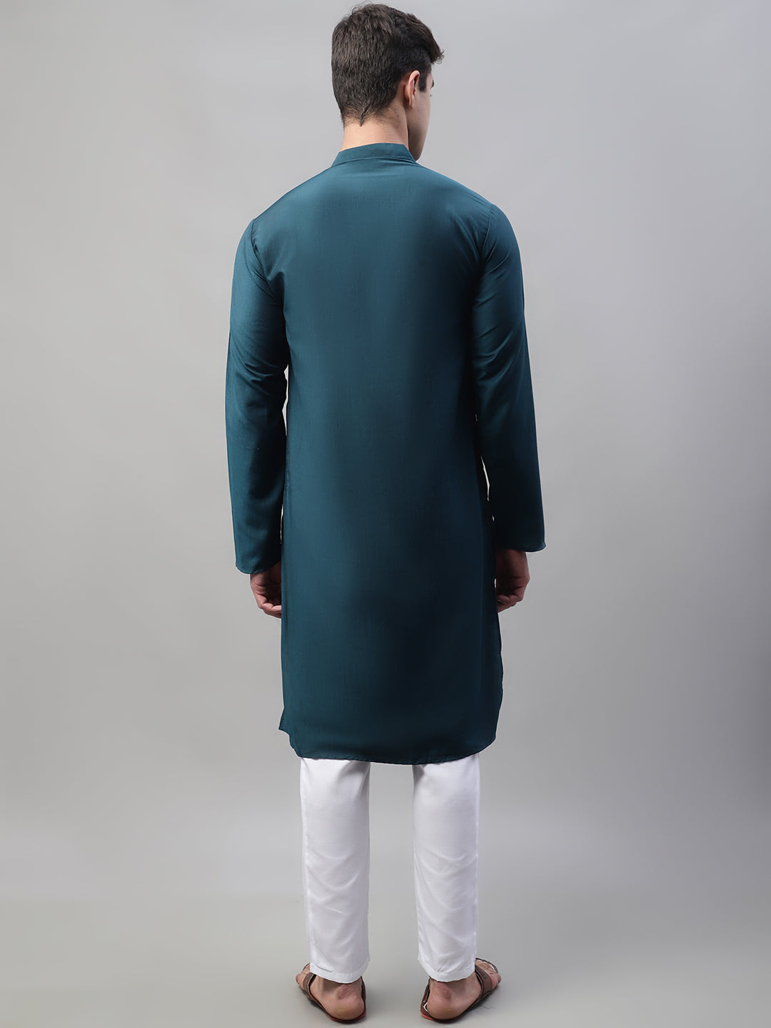 Jompers Men's Teal Blue Cotton Silk Mirror Work Kurta Pyjama