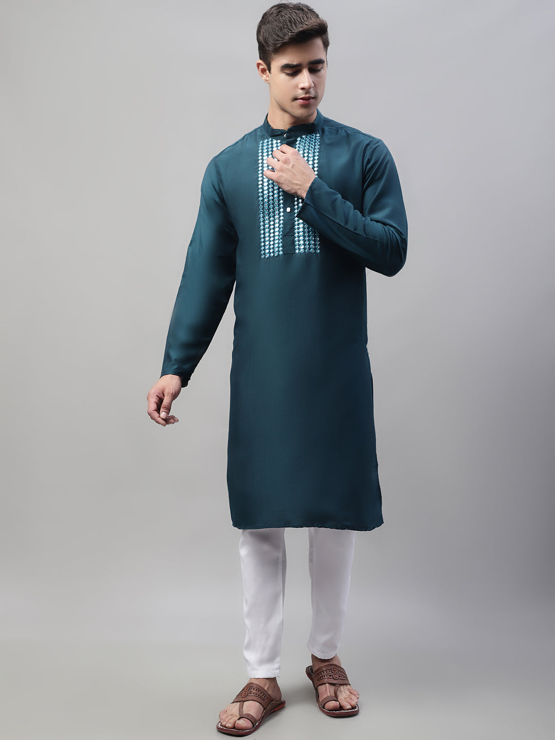 Jompers Men's Teal Blue Cotton Silk Mirror Work Kurta Pyjama