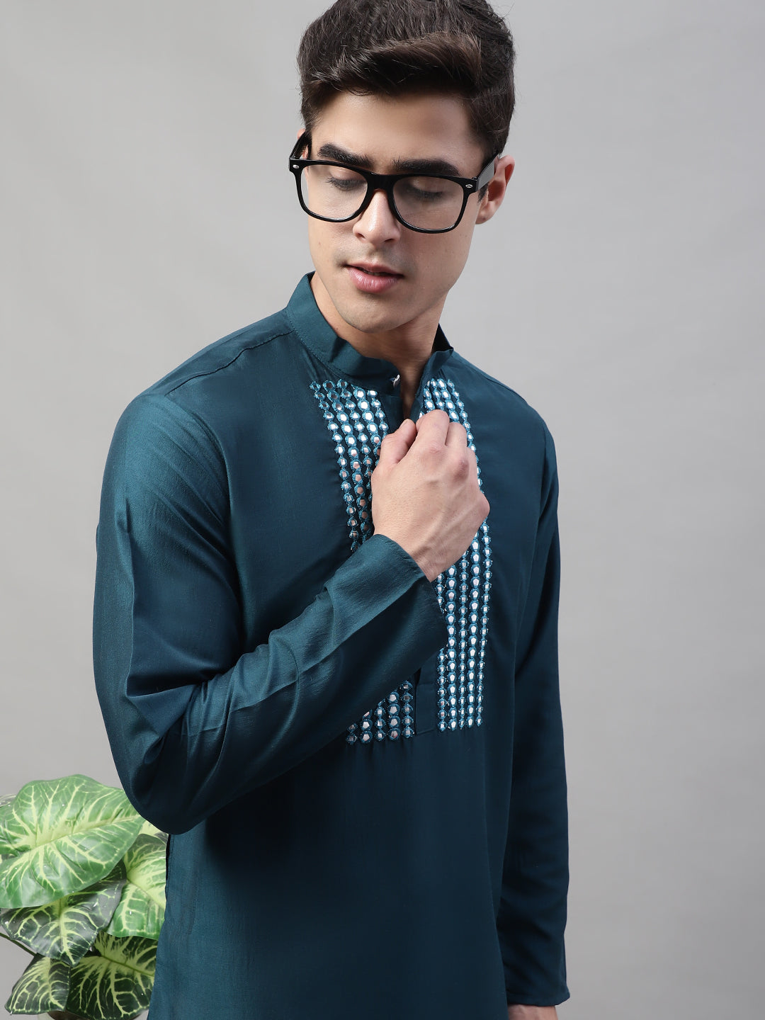 Jompers Men's Teal Blue Cotton Silk Mirror Work Kurta Pyjama