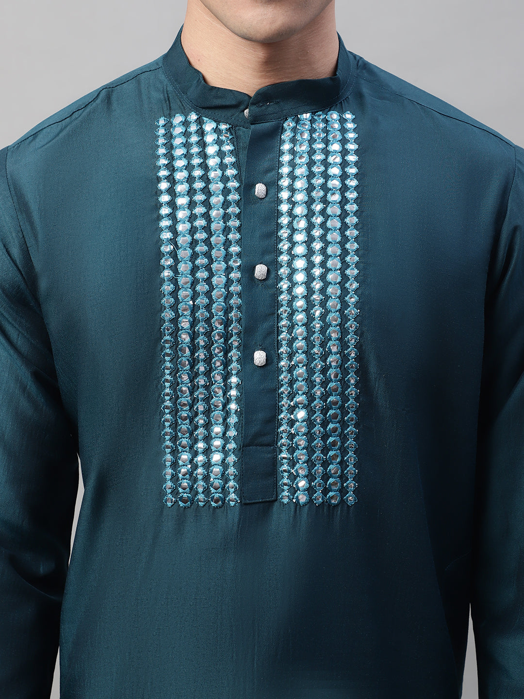 Jompers Men's Teal Blue Cotton Silk Mirror Work Kurta Pyjama