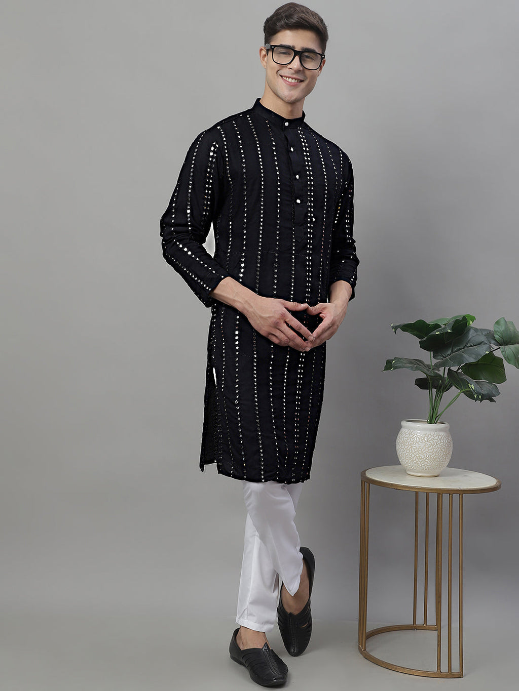 Jompers Men's Embroidered Mirror Work Kurta Payjama Sets - Black