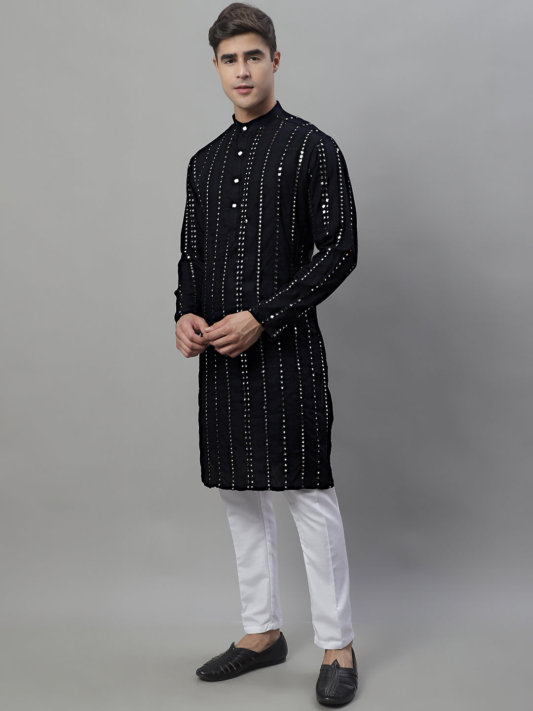 Jompers Men's Embroidered Mirror Work Kurta Payjama Sets - Black