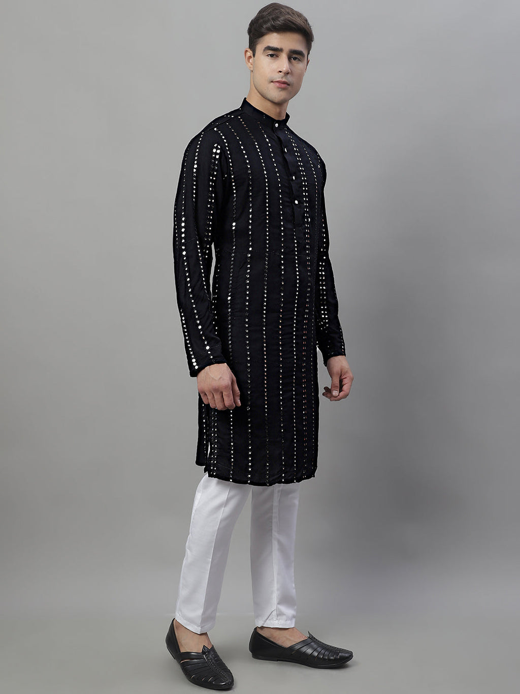 Jompers Men's Embroidered Mirror Work Kurta Payjama Sets - Black