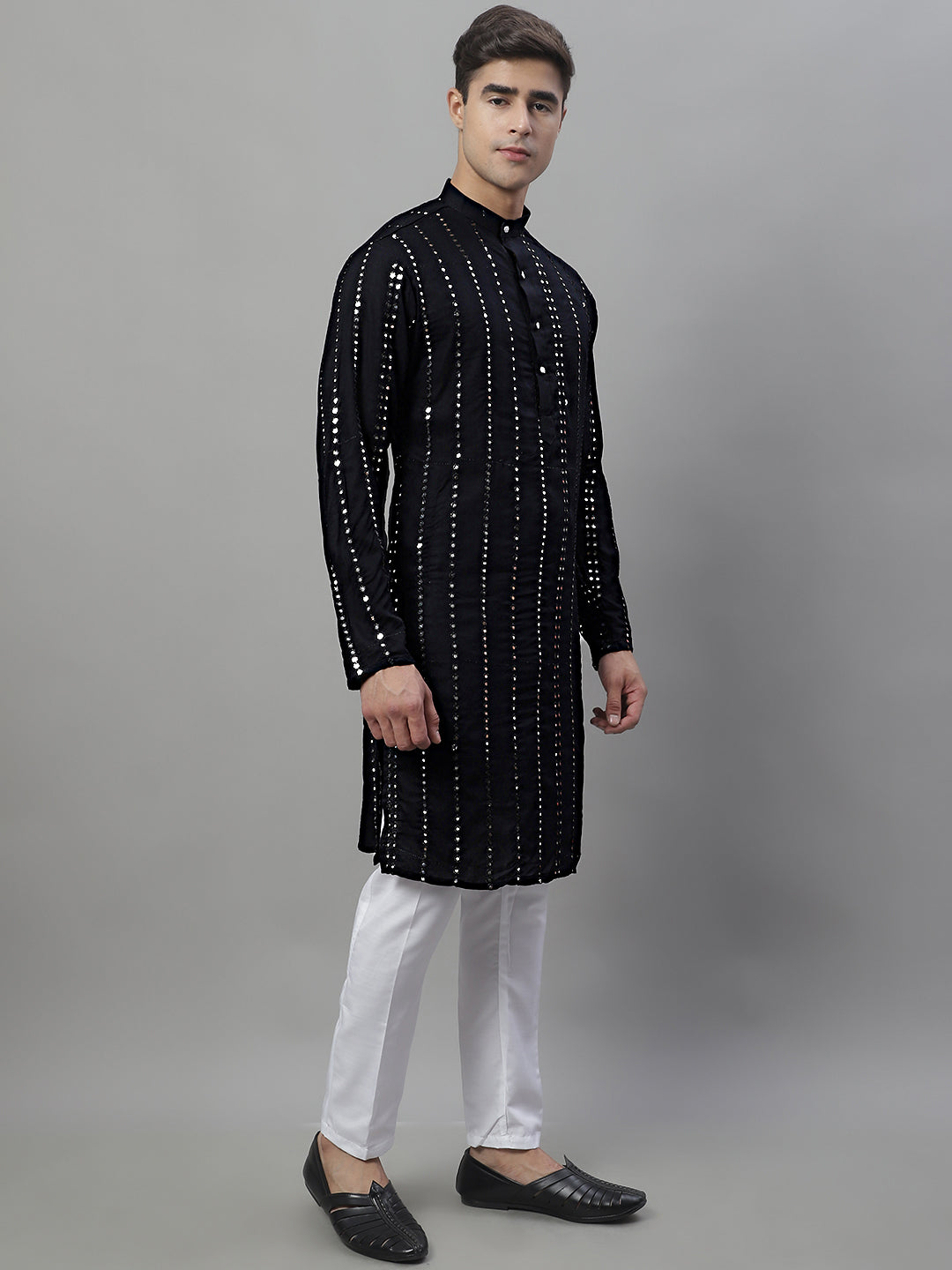 Jompers Men's Embroidered Mirror Work Kurta Payjama Sets - Black