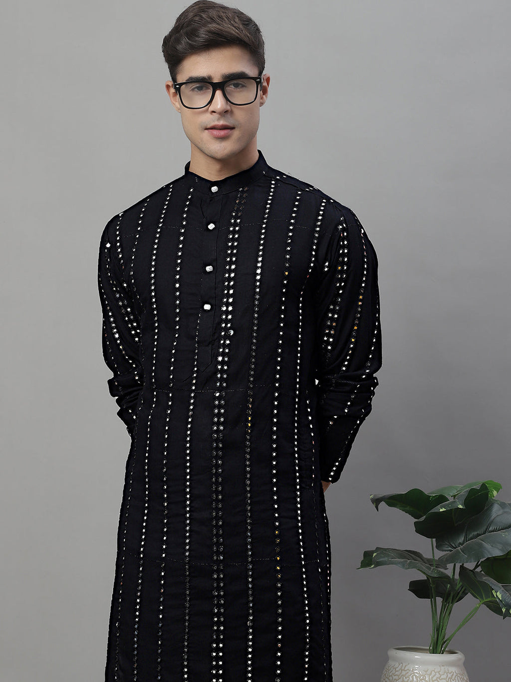 Jompers Men's Embroidered Mirror Work Kurta Payjama Sets - Black