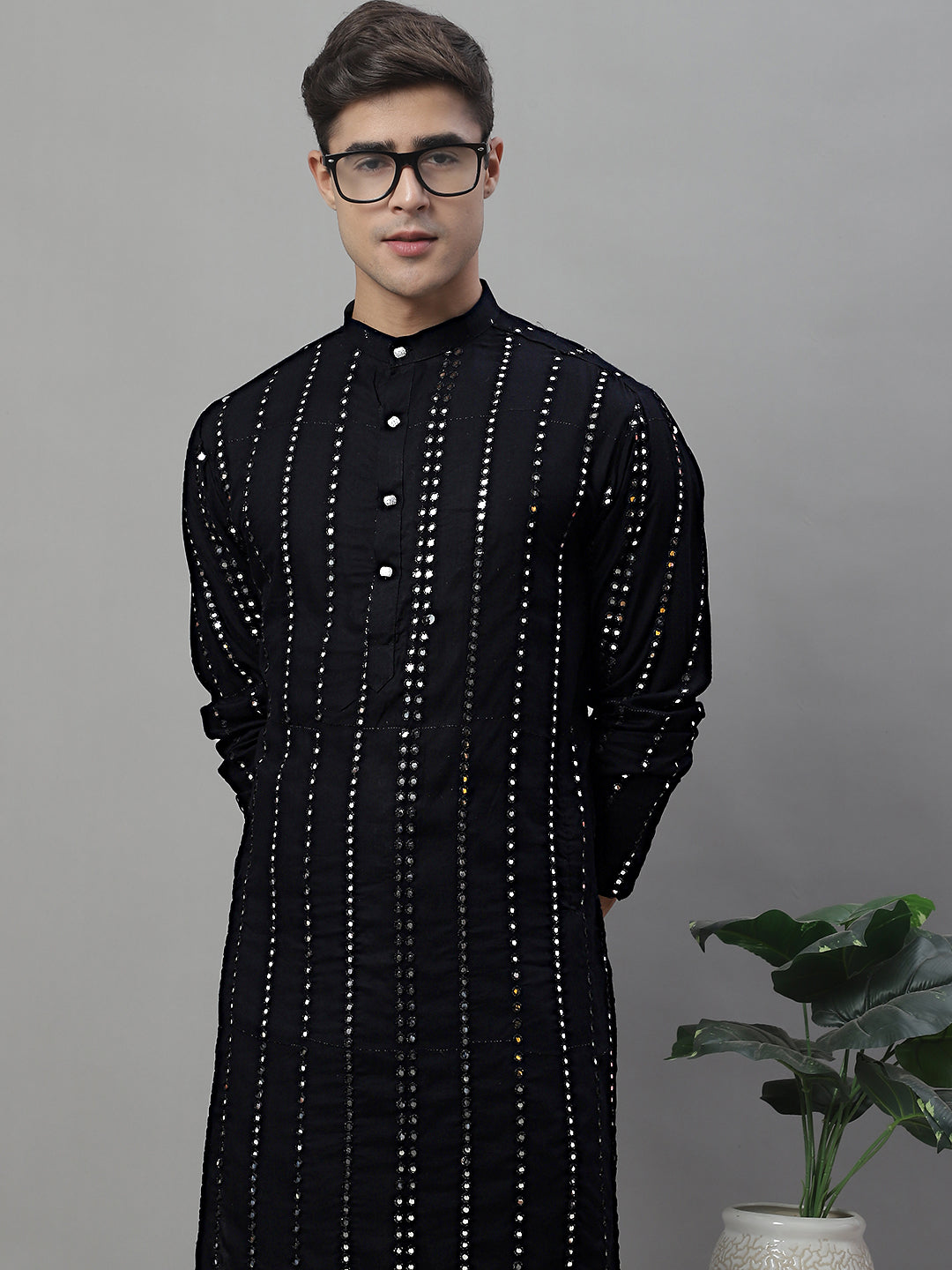 Jompers Men's Embroidered Mirror Work Kurta Payjama Sets - Black