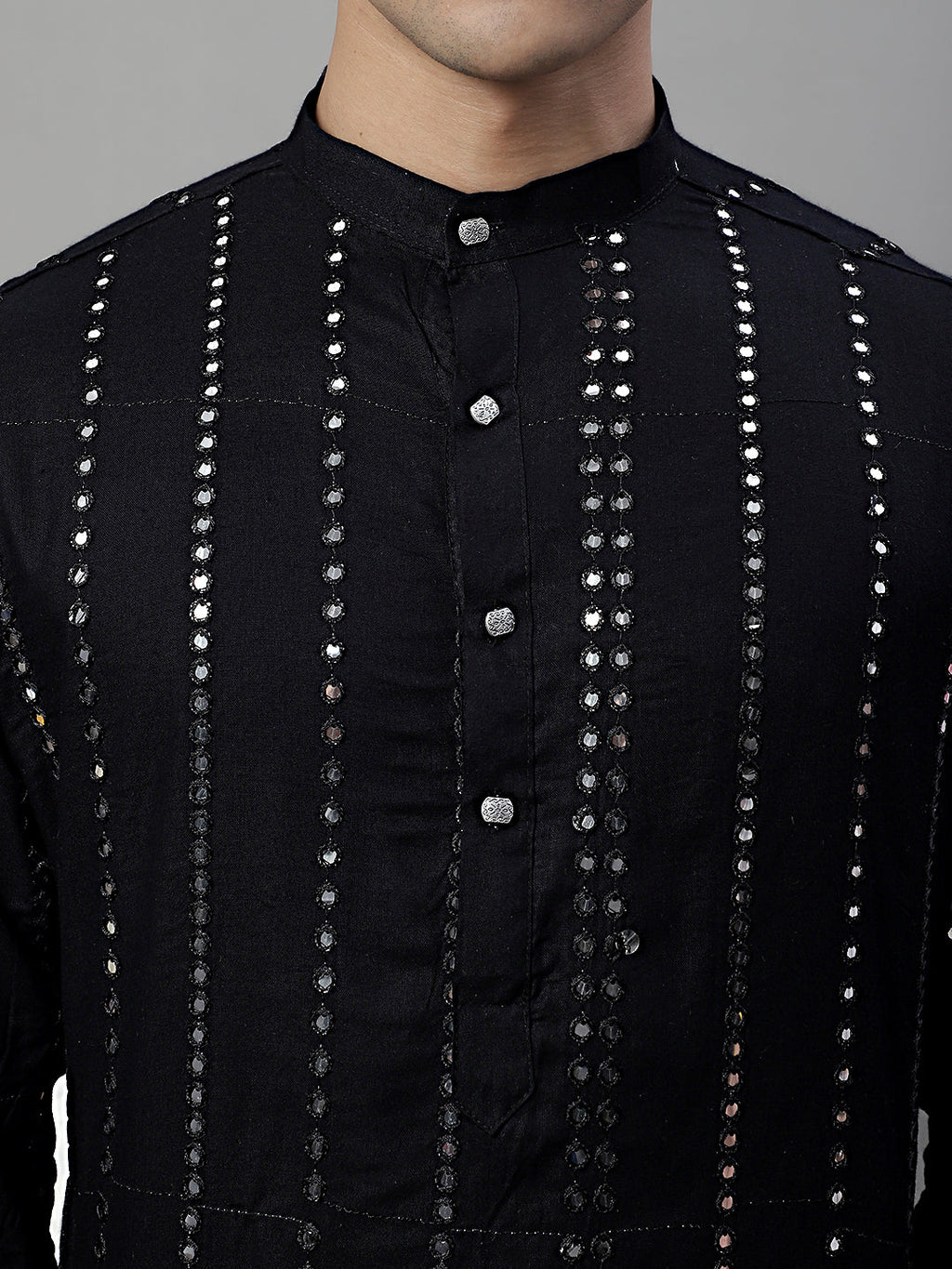 Jompers Men's Embroidered Mirror Work Kurta Payjama Sets - Black