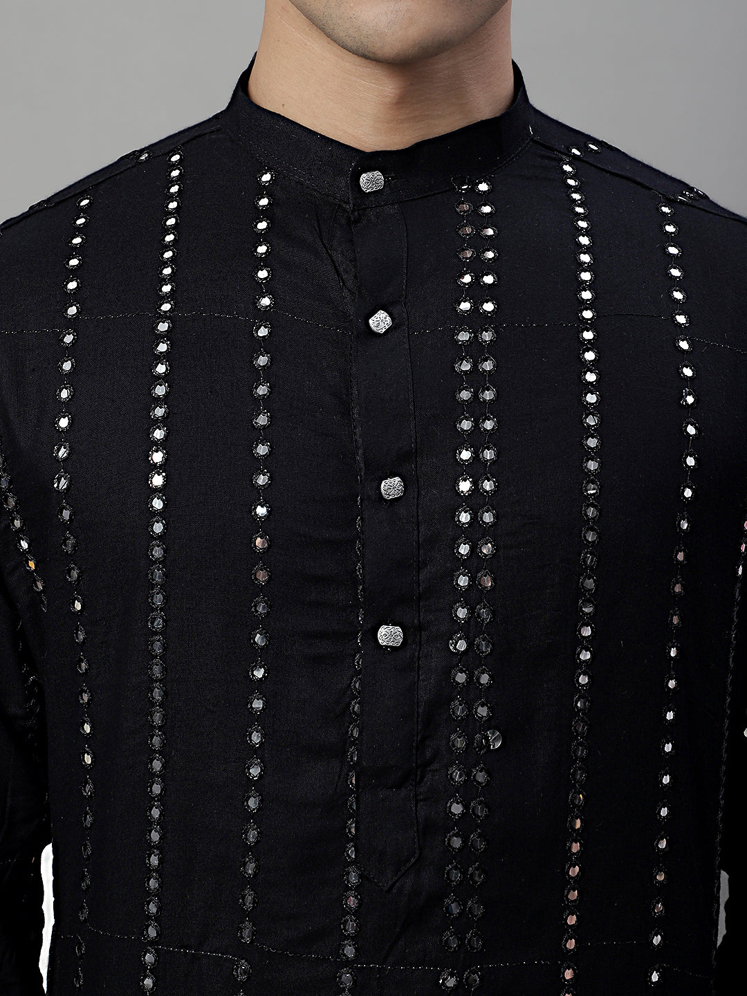Jompers Men's Embroidered Mirror Work Kurta Payjama Sets - Black