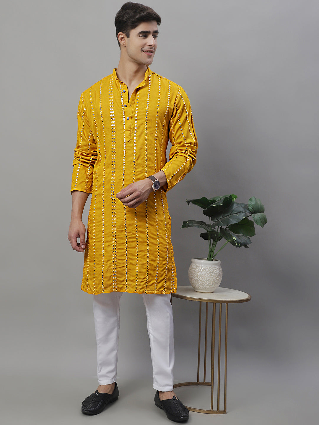 Jompers Men's Embroidered Mirror Work Kurta Payjama Sets - Mustard