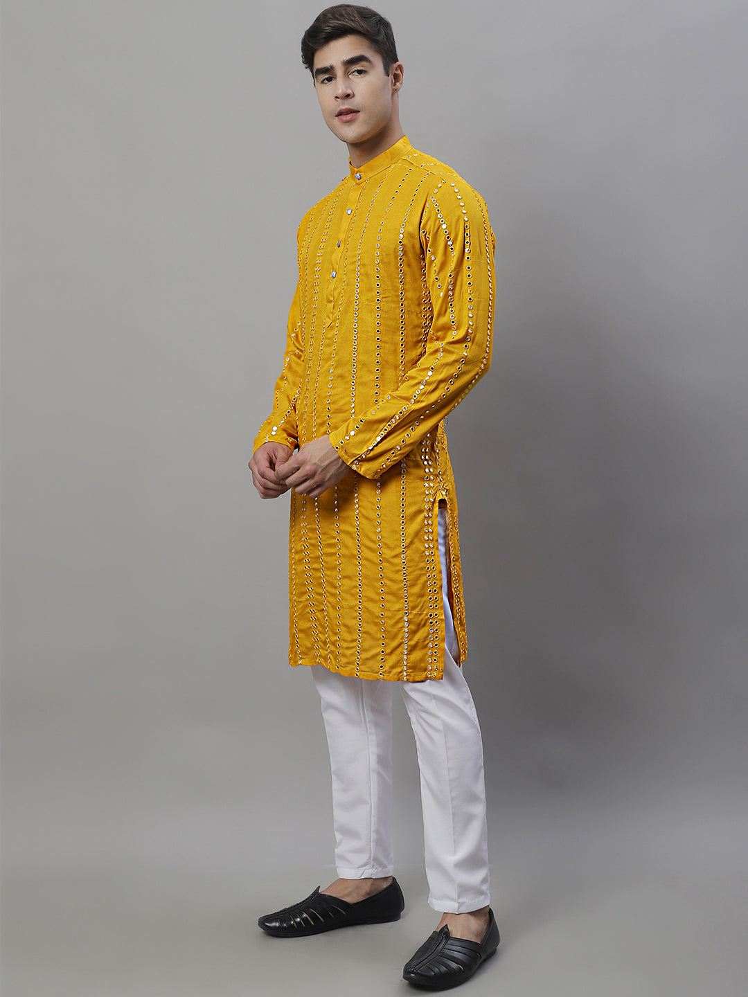 Jompers Men's Embroidered Mirror Work Kurta Payjama Sets - Mustard