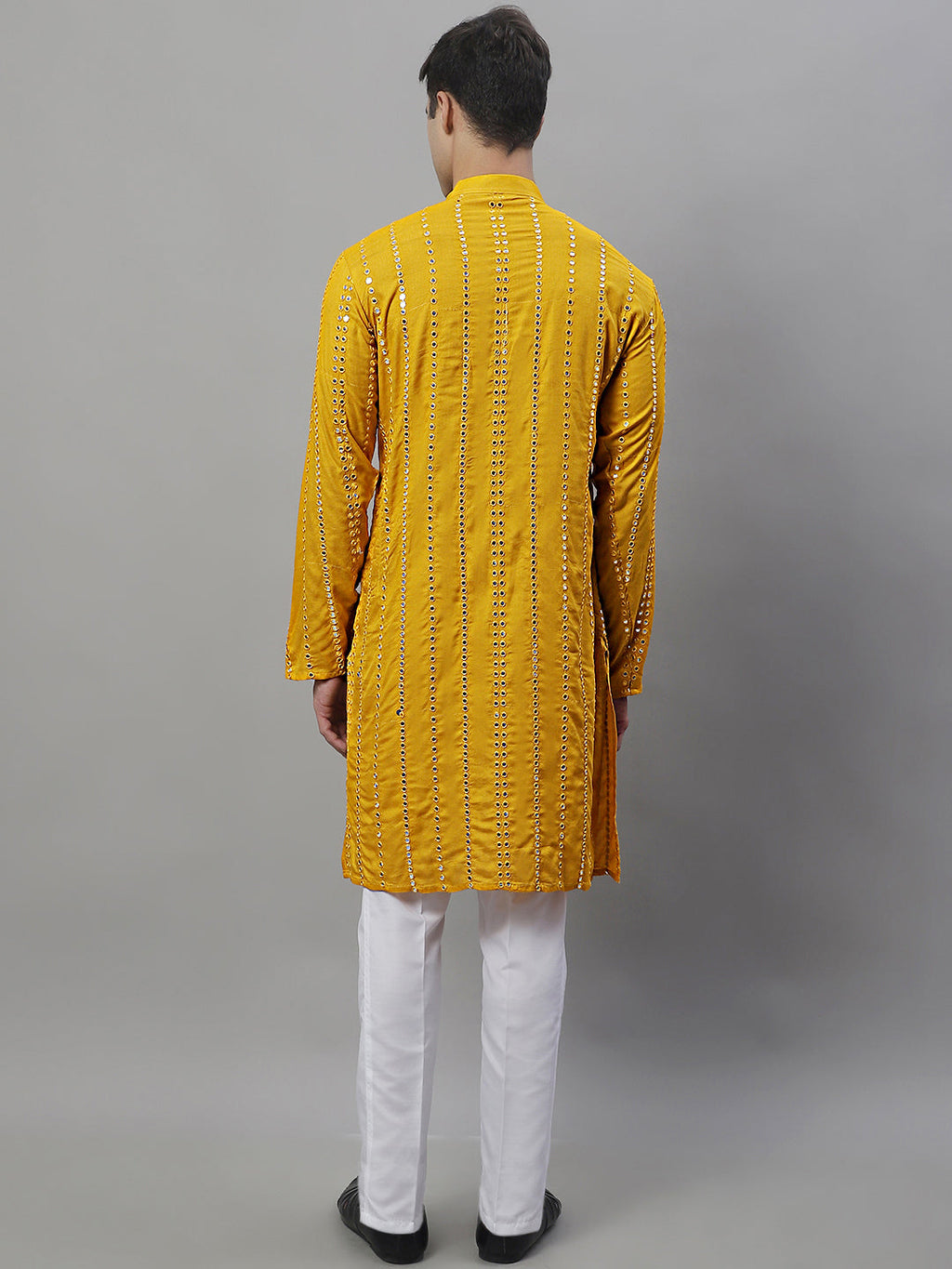 Jompers Men's Embroidered Mirror Work Kurta Payjama Sets - Mustard