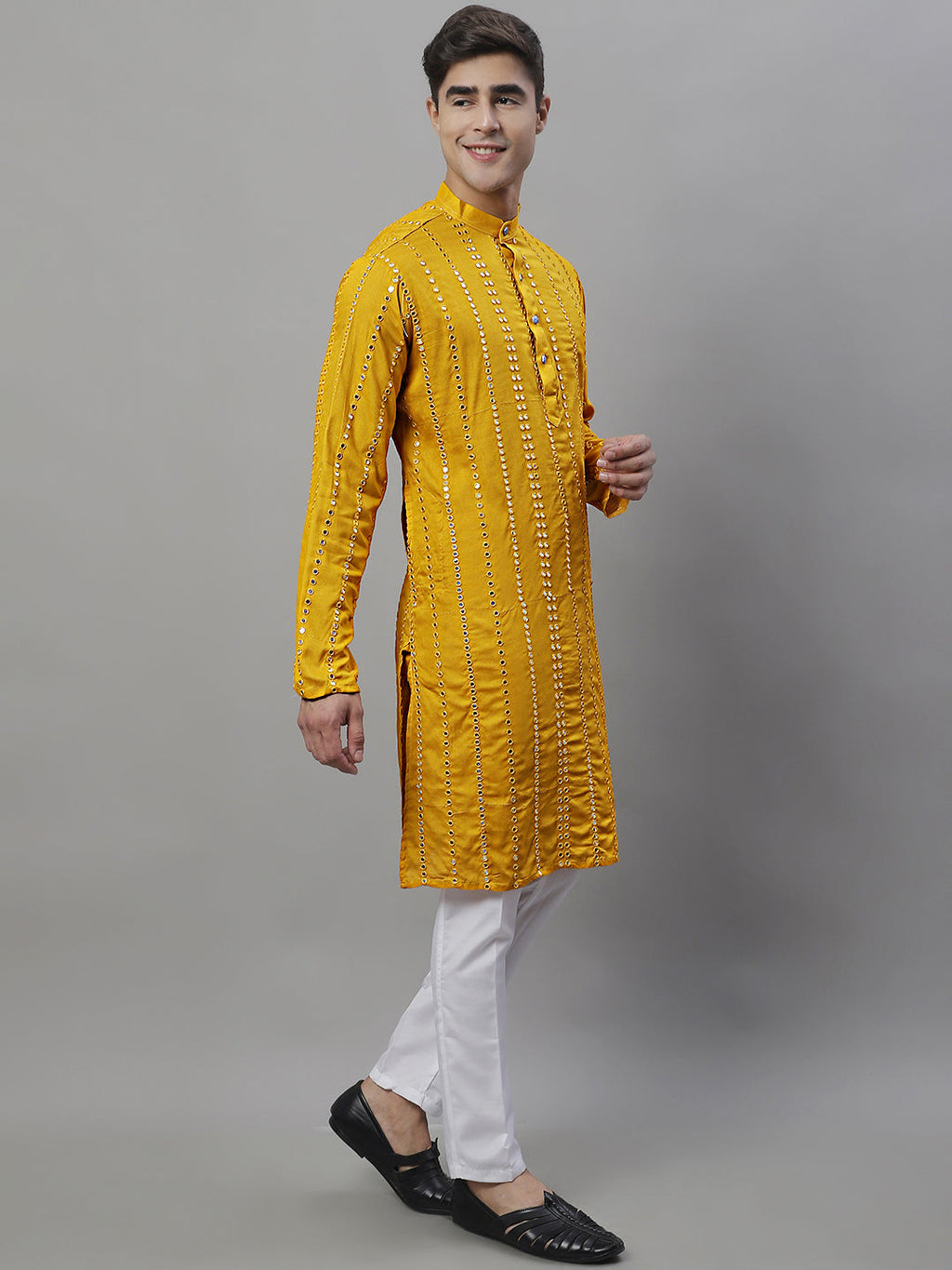 Jompers Men's Embroidered Mirror Work Kurta Payjama Sets - Mustard