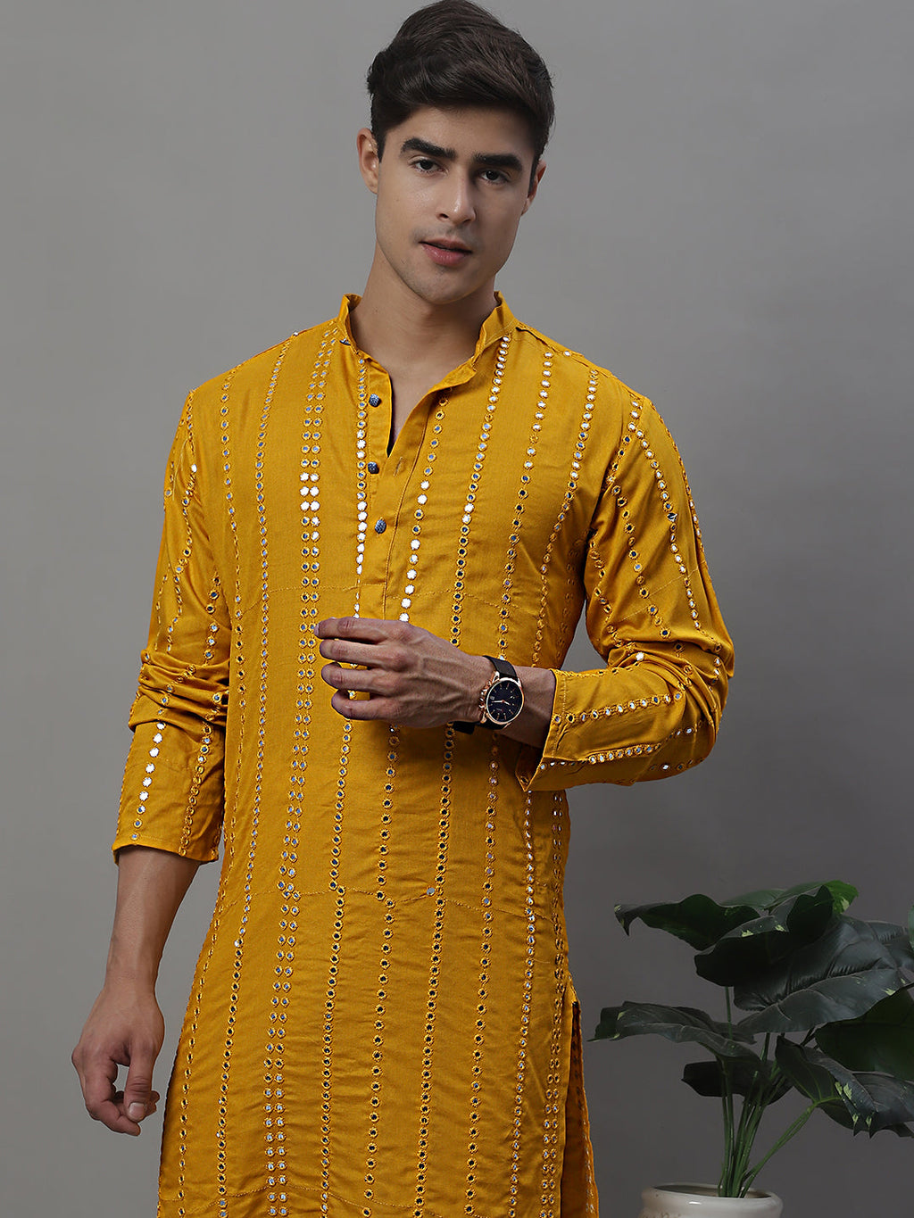 Jompers Men's Embroidered Mirror Work Kurta Payjama Sets - Mustard