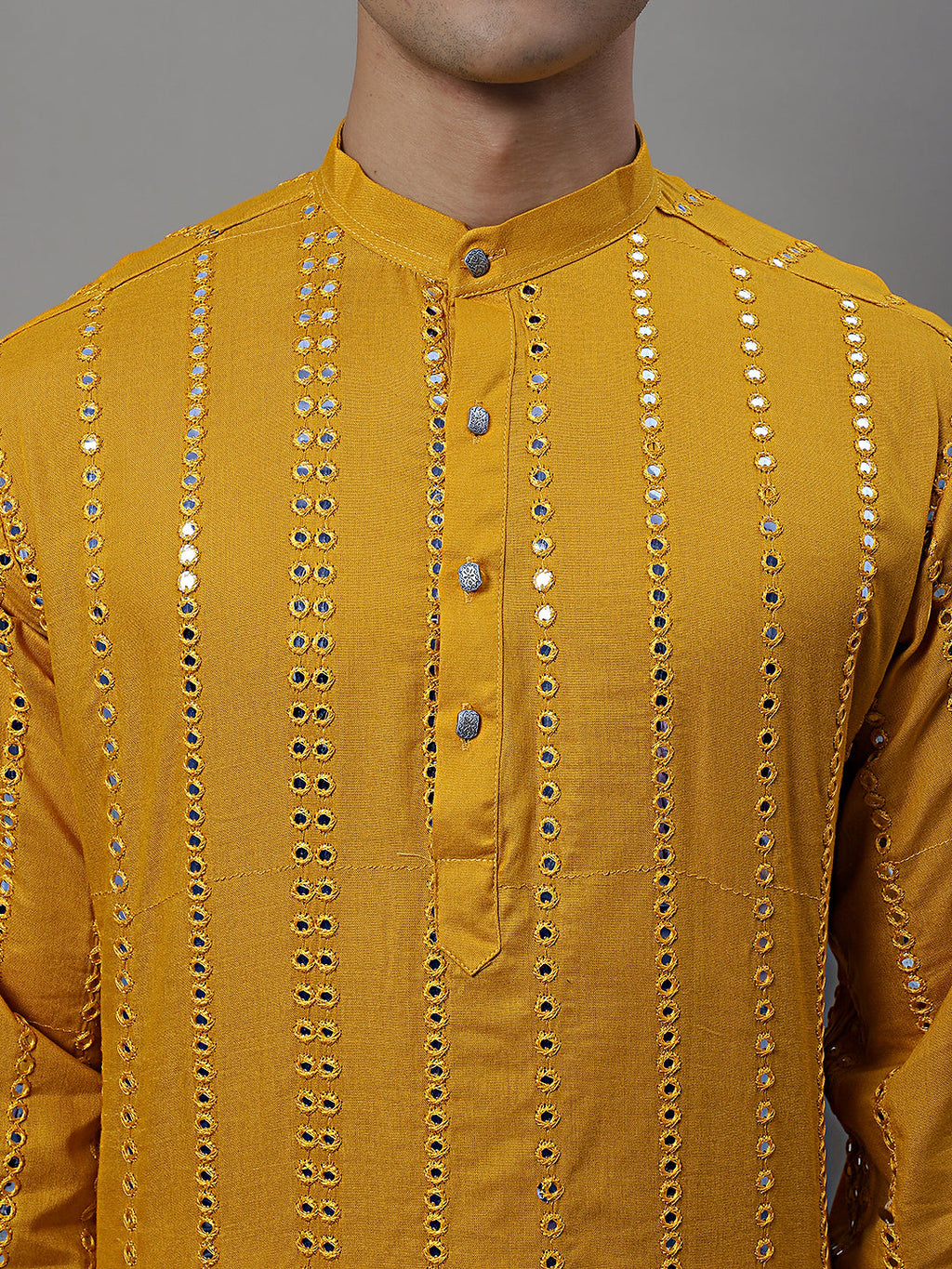Jompers Men's Embroidered Mirror Work Kurta Payjama Sets - Mustard
