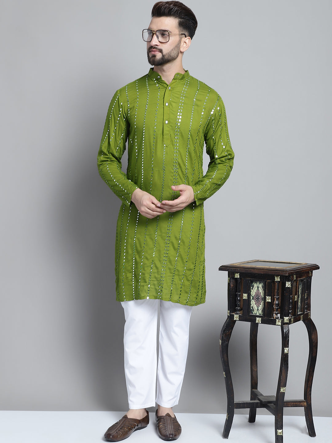 Jompers Men's Embroidered Mirror Work Kurta Payjama Sets - Olive