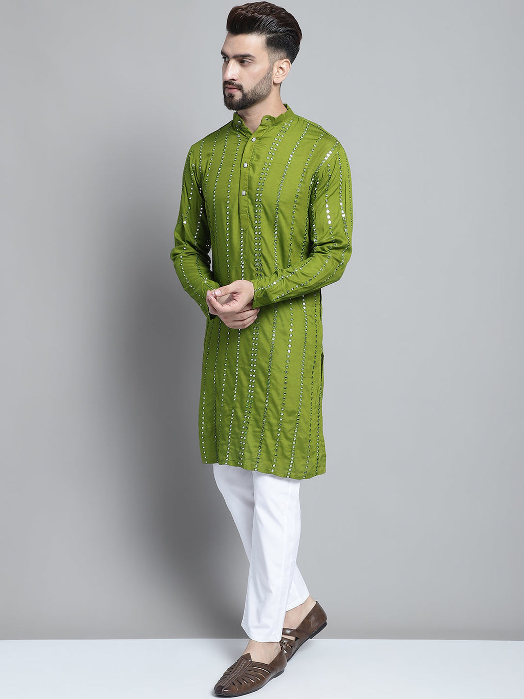 Jompers Men's Embroidered Mirror Work Kurta Payjama Sets - Olive