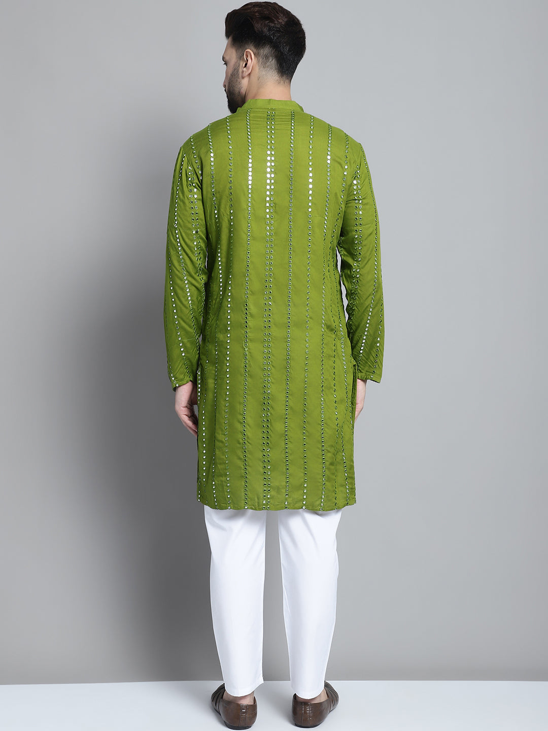 Jompers Men's Embroidered Mirror Work Kurta Payjama Sets - Olive