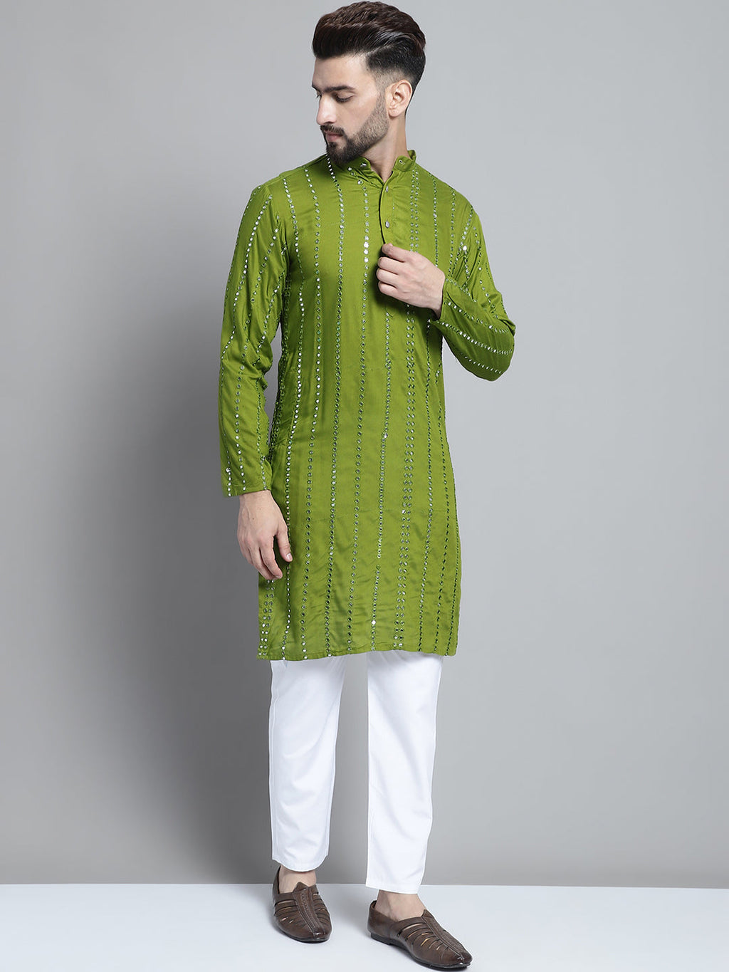 Jompers Men's Embroidered Mirror Work Kurta Payjama Sets - Olive