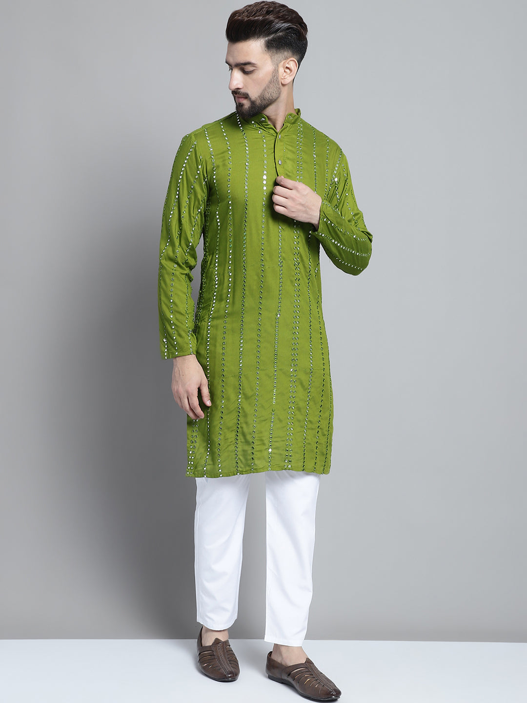 Jompers Men's Embroidered Mirror Work Kurta Payjama Sets - Olive