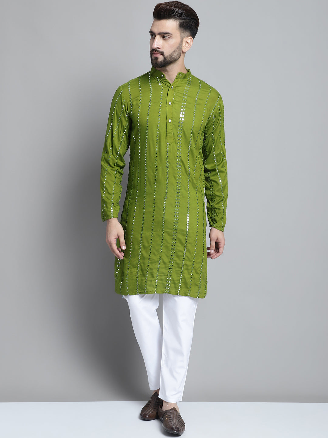 Jompers Men's Embroidered Mirror Work Kurta Payjama Sets - Olive