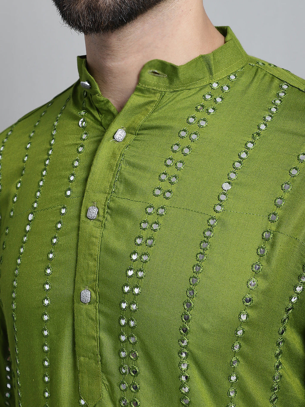Jompers Men's Embroidered Mirror Work Kurta Payjama Sets - Olive
