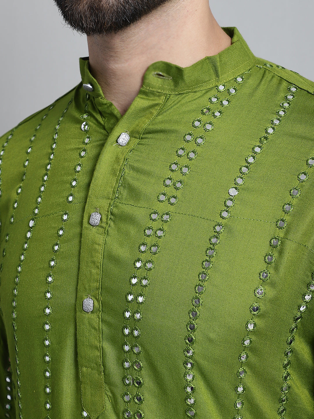 Jompers Men's Embroidered Mirror Work Kurta Payjama Sets - Olive