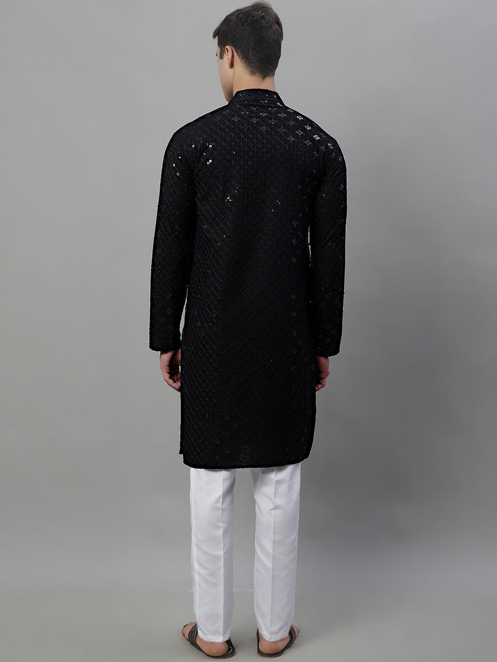 Jompers Men's Black Chikankari Embroidered and Sequence Kurta with Pyjama