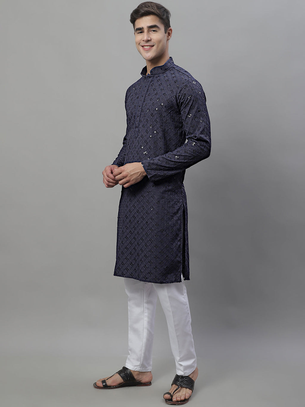 Jompers Men's Grey Chikankari Embroidered and Sequence Kurta with Pyjama
