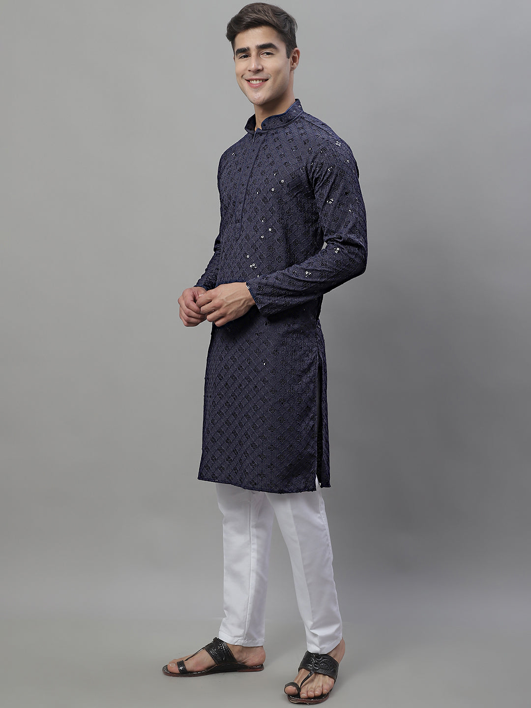 Jompers Men's Grey Chikankari Embroidered and Sequence Kurta with Pyjama