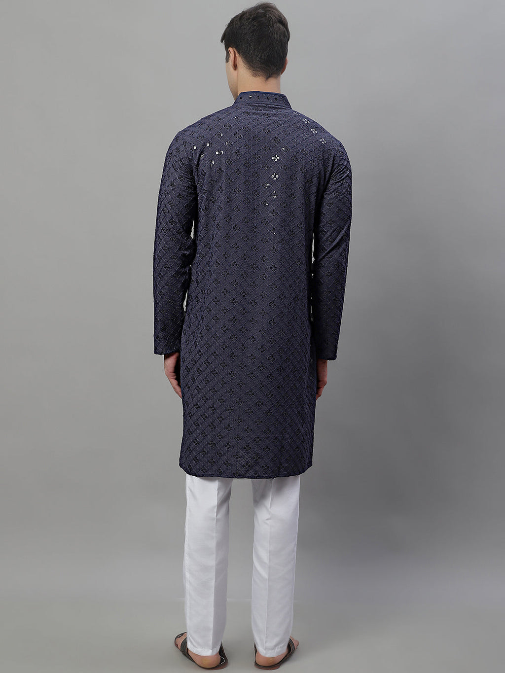 Jompers Men's Grey Chikankari Embroidered and Sequence Kurta with Pyjama
