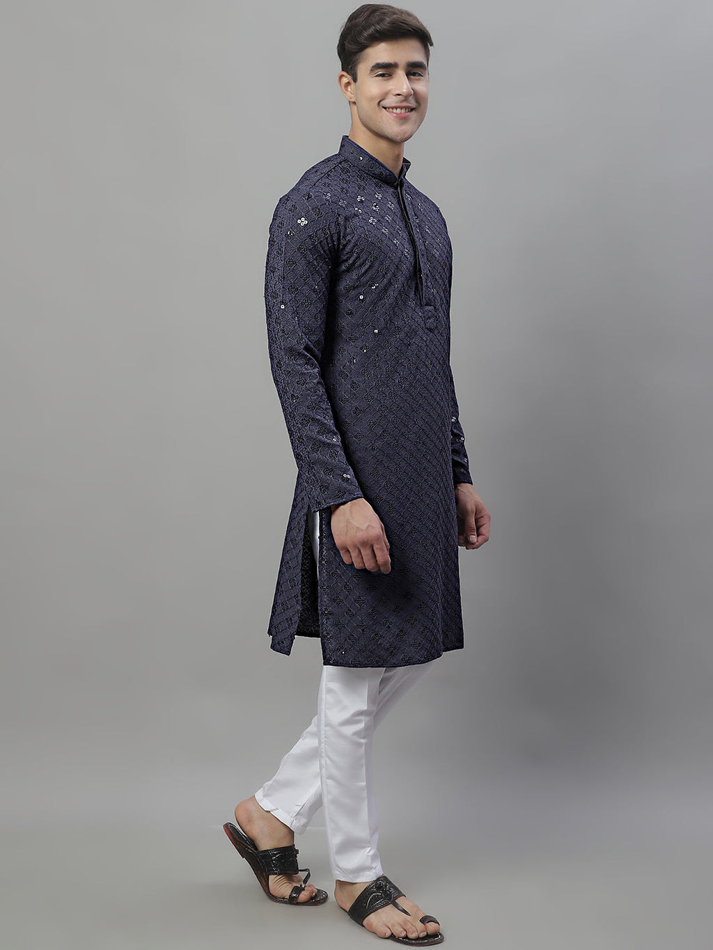 Jompers Men's Grey Chikankari Embroidered and Sequence Kurta with Pyjama