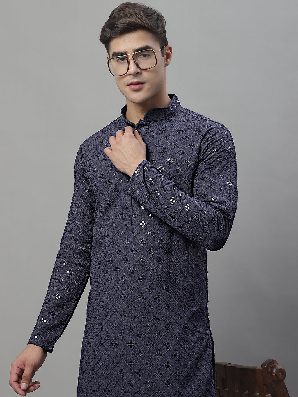 Jompers Men's Grey Chikankari Embroidered and Sequence Kurta with Pyjama