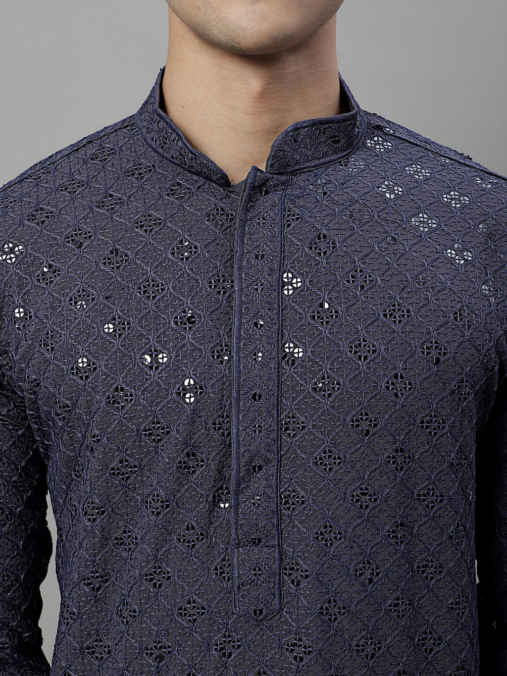 Jompers Men's Grey Chikankari Embroidered and Sequence Kurta with Pyjama