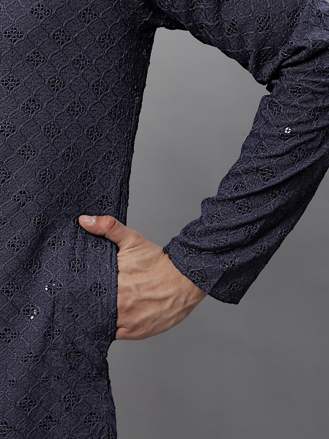Jompers Men's Grey Chikankari Embroidered and Sequence Kurta with Pyjama