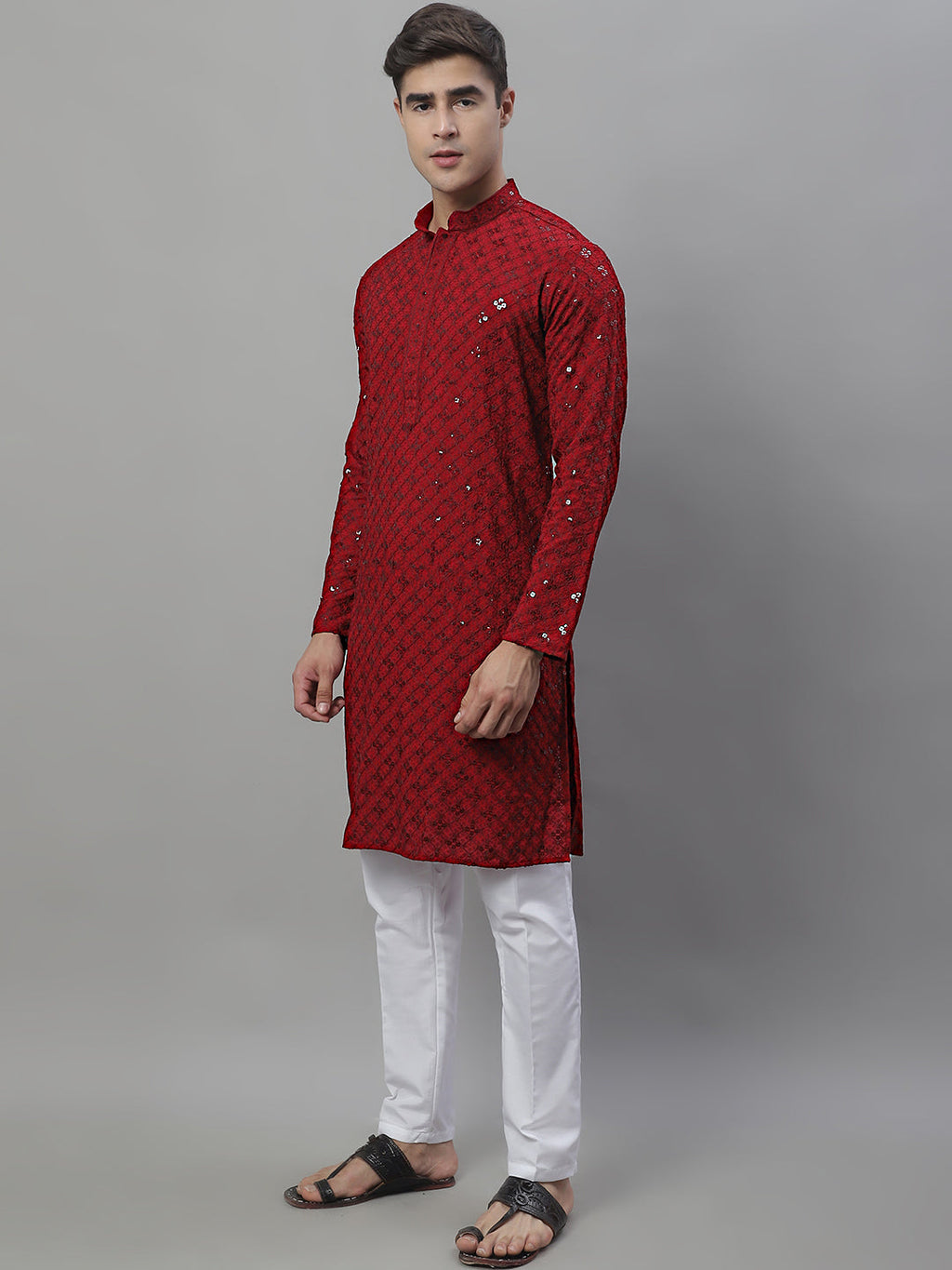 Jompers Men's Maroon Chikankari Embroidered and Sequence Kurta with Pyjama