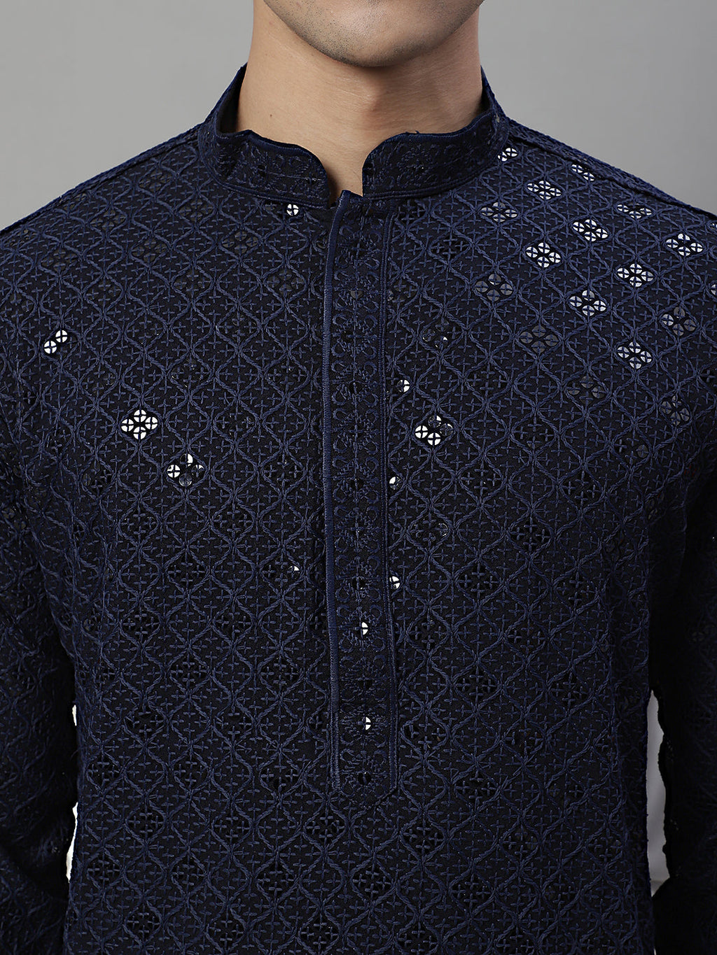 Jompers Men's Navy Blue Chikankari Embroidered and Sequence Kurta with Pyjama