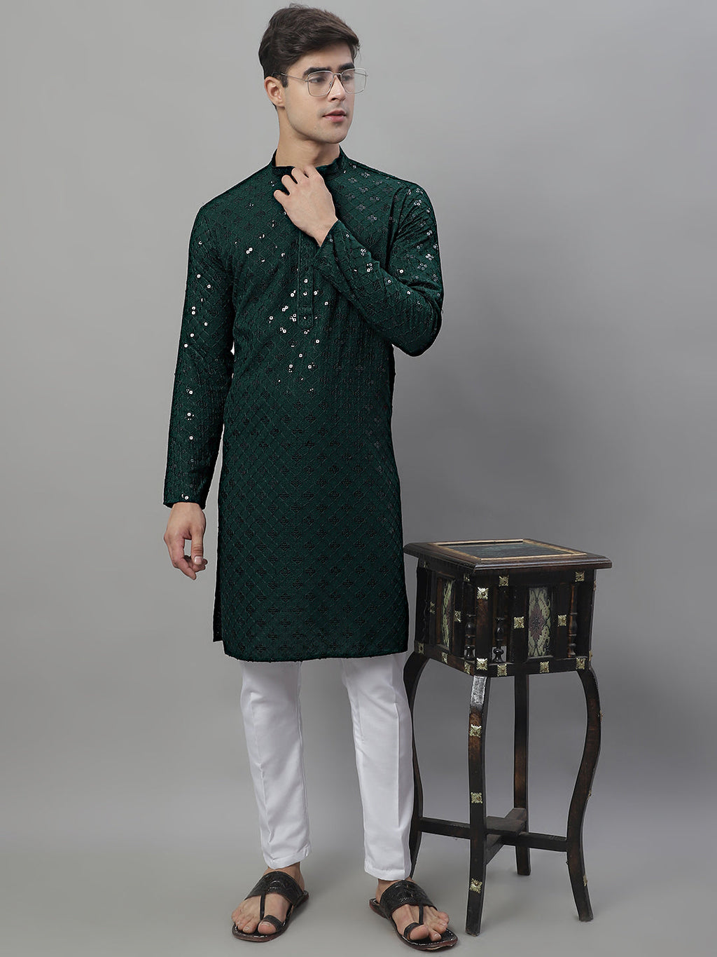 Jompers Men's Olive Green Chikankari Embroidered and Sequence Kurta with Pyjama