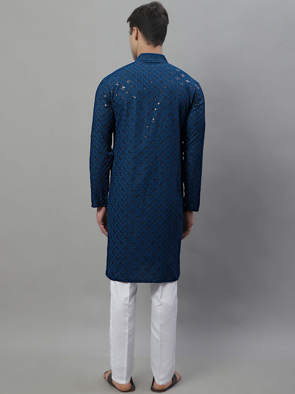 Jompers Men's Peacock Blue Chikankari Embroidered and Sequence Kurta with Pyjama