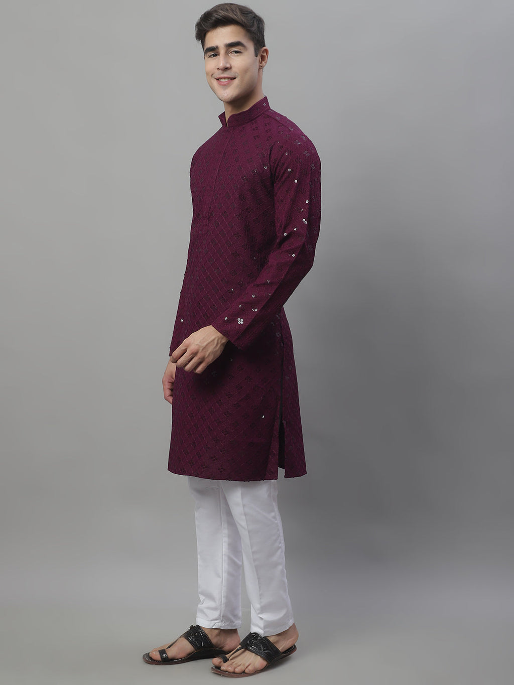 Jompers Men's Purple Chikankari Embroidered and Sequence Kurta with Pyjama