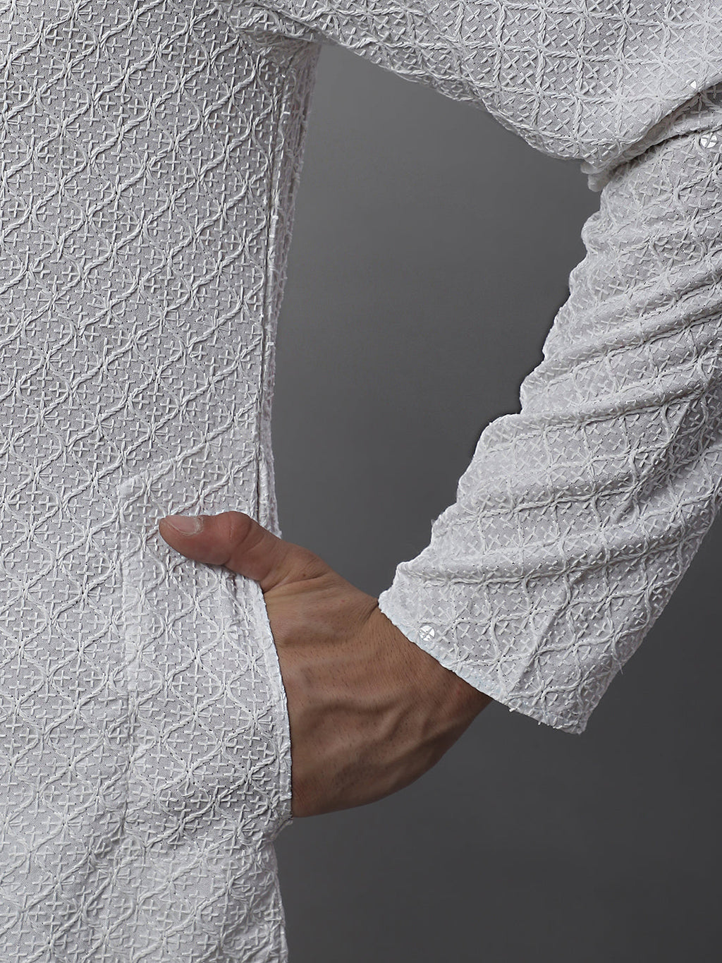 Jompers Men's White Chikankari Embroidered and Sequence Kurta with Pyjama
