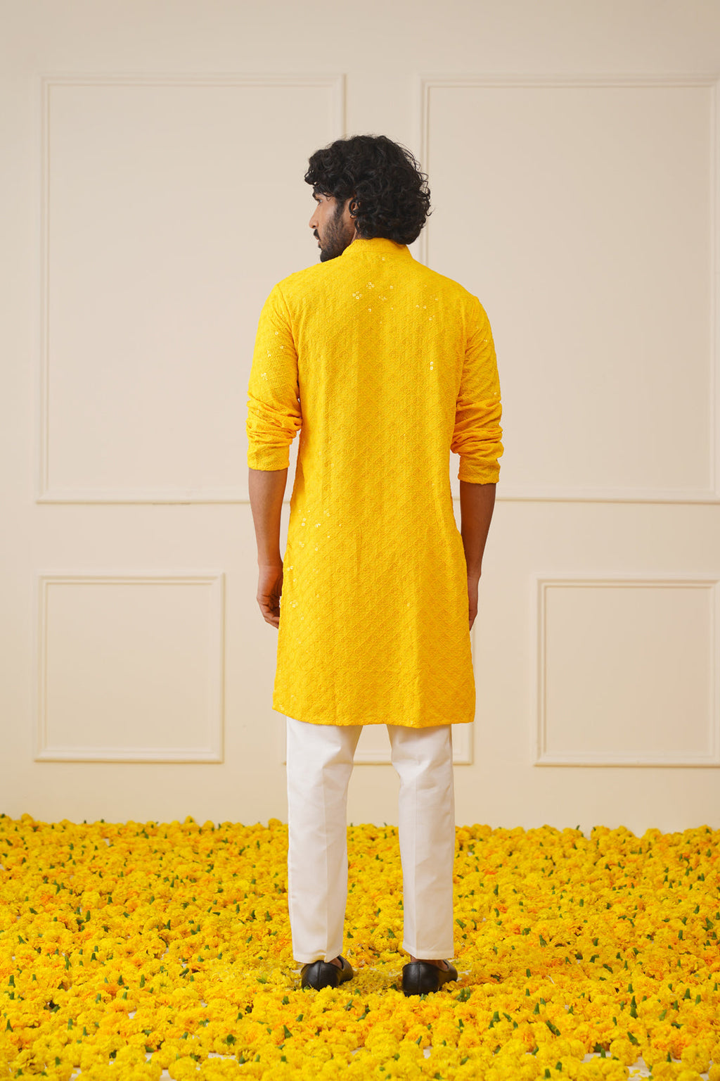 Jompers Men's Yellow Chikankari Embroidered and Sequence Kurta with Pyjama