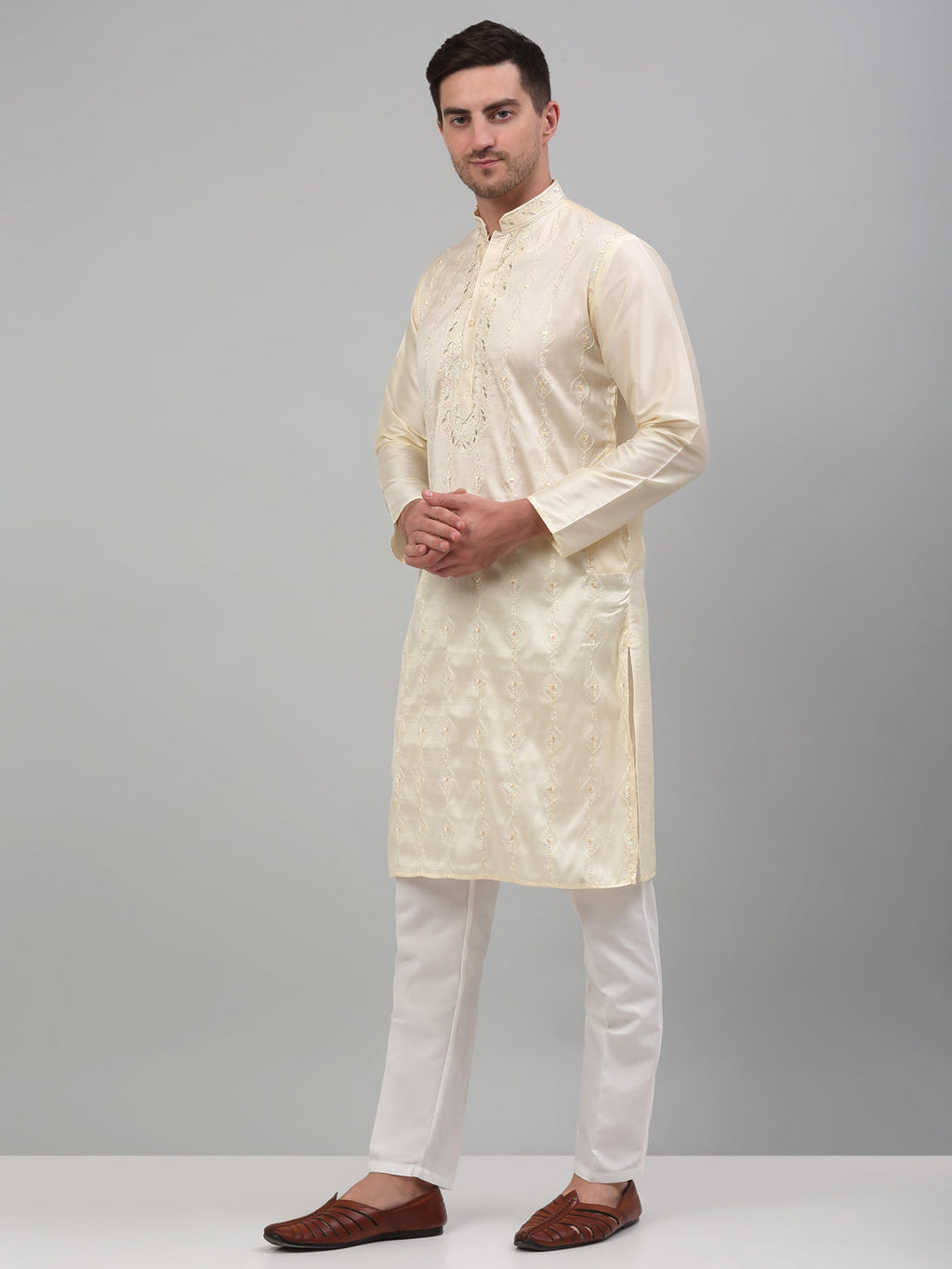 Jompers Men's Cream Embroidered Kurta with Pyjama