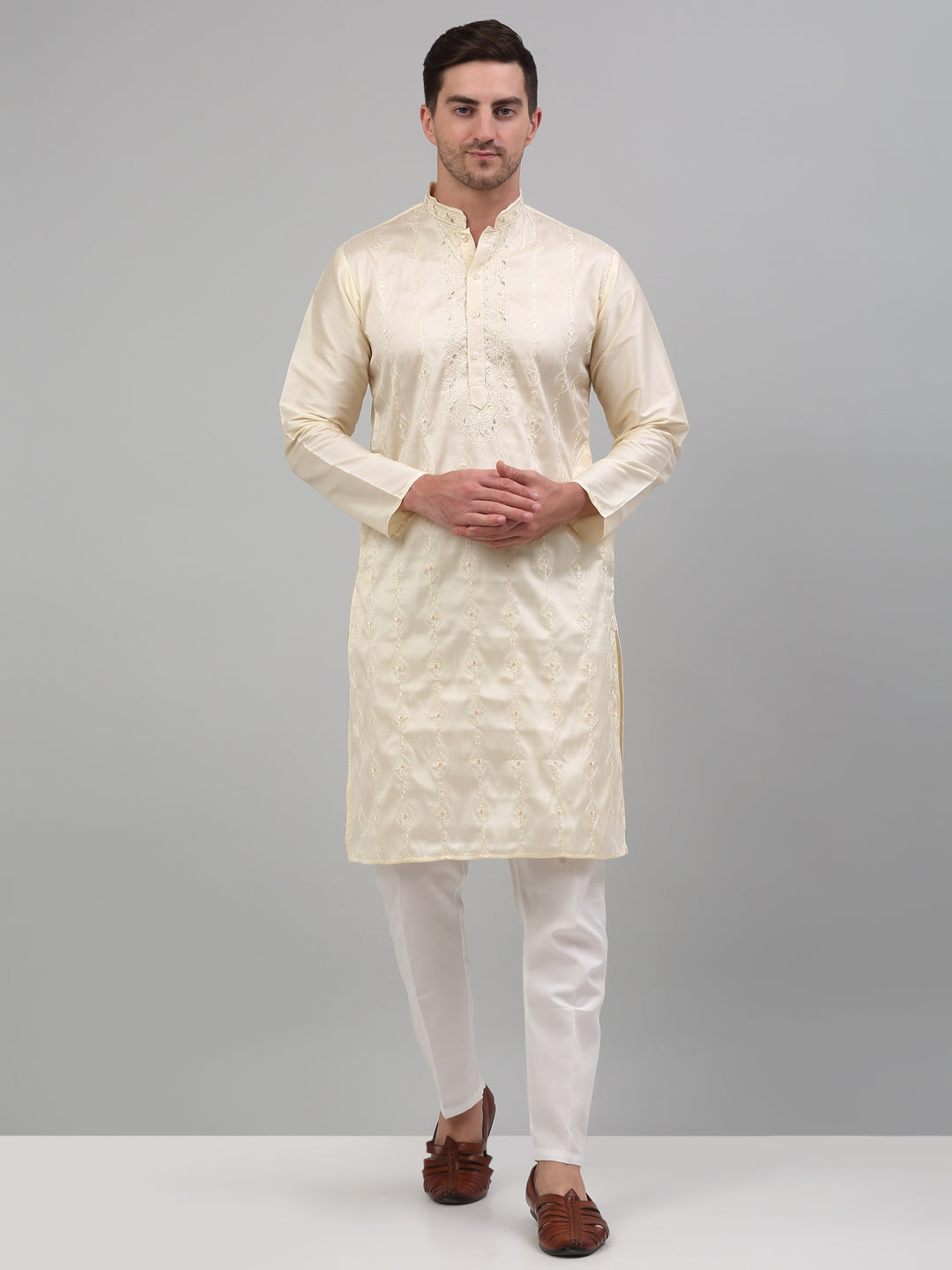 Jompers Men's Cream Embroidered Kurta with Pyjama