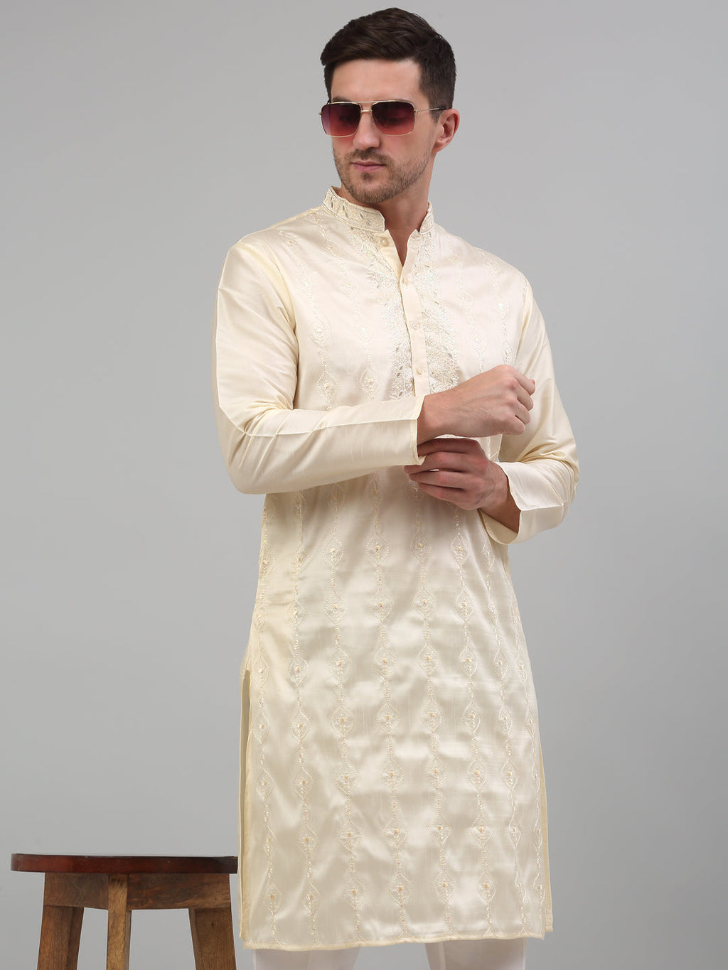 Jompers Men's Cream Embroidered Kurta with Pyjama