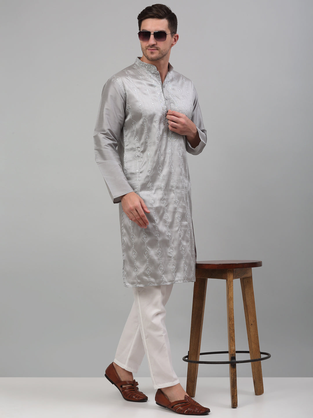 Jompers Men's Grey Embroidered Kurta with Pyjama