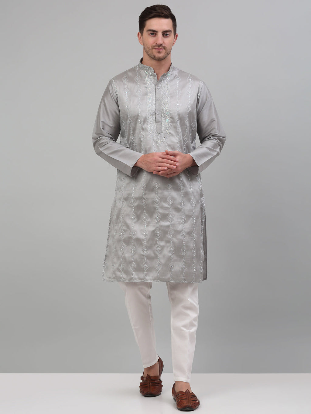 Jompers Men's Grey Embroidered Kurta with Pyjama